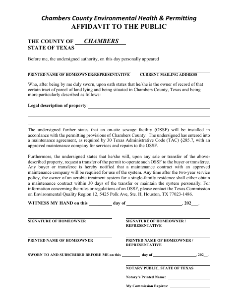 Affidavit to the Public, Chambers County form, first page