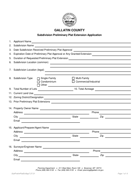 First page of the Preliminary Plat Extension Application