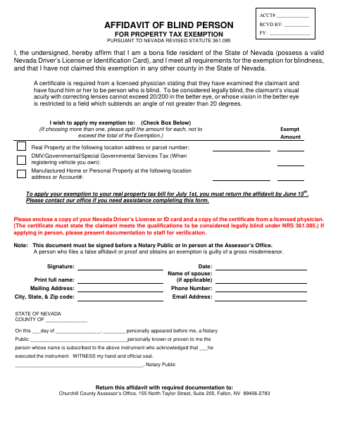 Affidavit of Blind Person for Property Tax Exemption, Churchill County form, first page