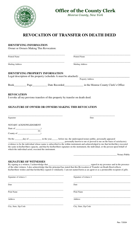 Revocation of Transfer on Death Deed, Monroe County form, first page