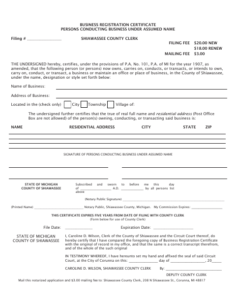 Business Registration Certificate Under Assumed Name, Shiawassee County form, first page