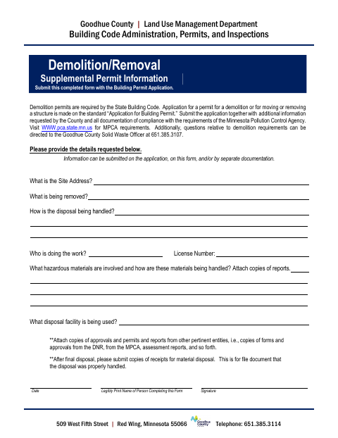 First page of the Demolition/Removal Supplemental Permit Information