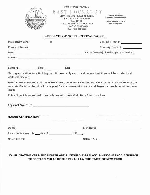 First page of the Affidavit of No Electrical Work