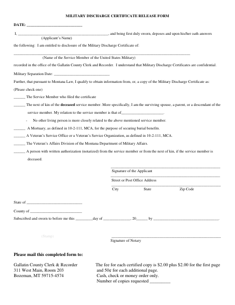 Military Discharge Certificate Release Form, Gallatin County form, first page