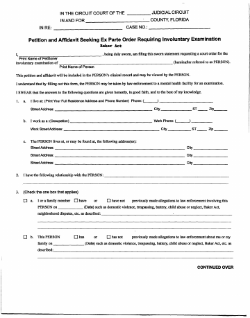 Petition and Affidavit Seeking Ex Parte Order Requiring ... — Hardee County form, first page
