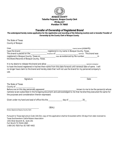 Transfer of Ownership of Registered Brand, Bosque County form, first page