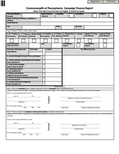 Campaign Finance Report, Centre County form, first page