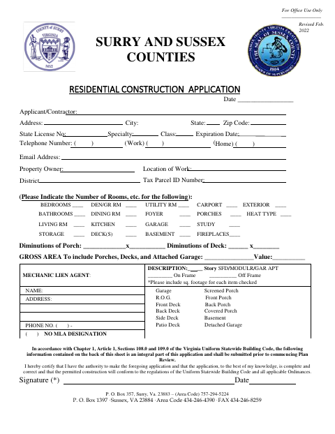 Residential Construction Application, Sussex County form, first page