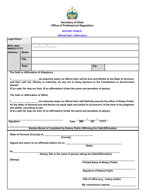 First page of the Notary Public Official Oath / Affirmation