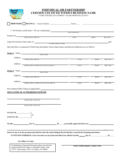 Individual or Partnership Certificate of Fictitious Business Name, Churchill County form, first page