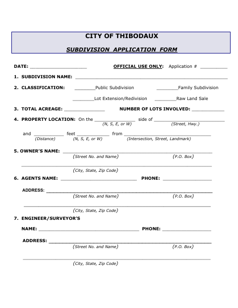 First page of the Subdivision Application Form
