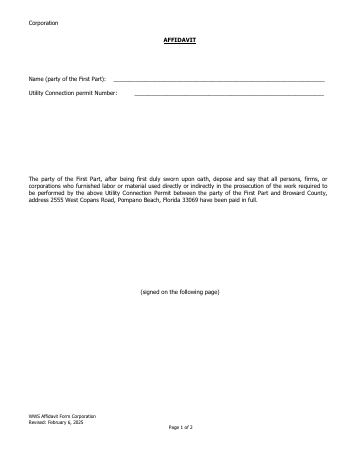 Corporation AFFIDAVIT Name (party of the First Part) — Broward County form, first page