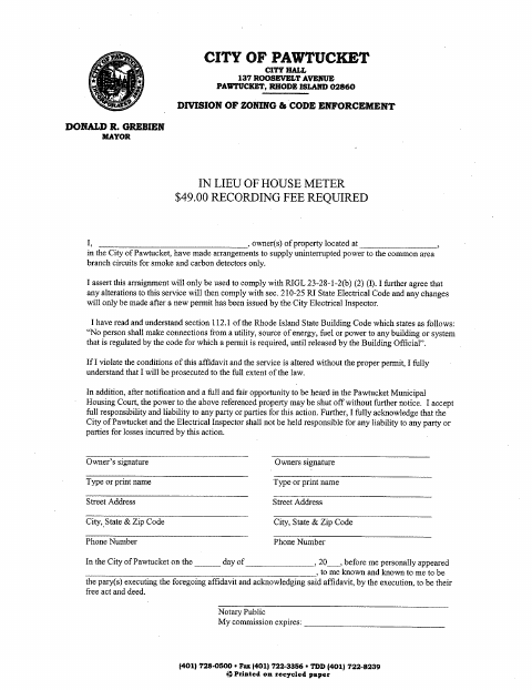 First page of the Payment In Lieu Of House Meter Recording Fee
