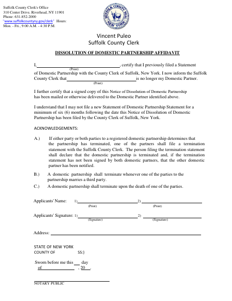 Dissolution Of Domestic Partnership Affidavit, Suffolk County form, first page