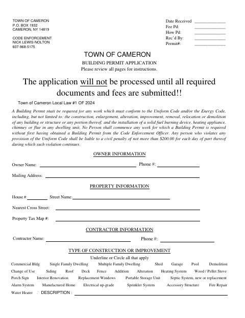 First page of the Building Permit Application