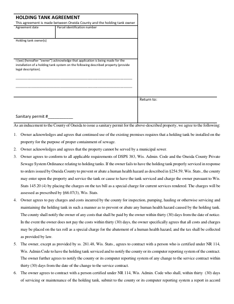 Holding Tank Agreement, Oneida County form, first page