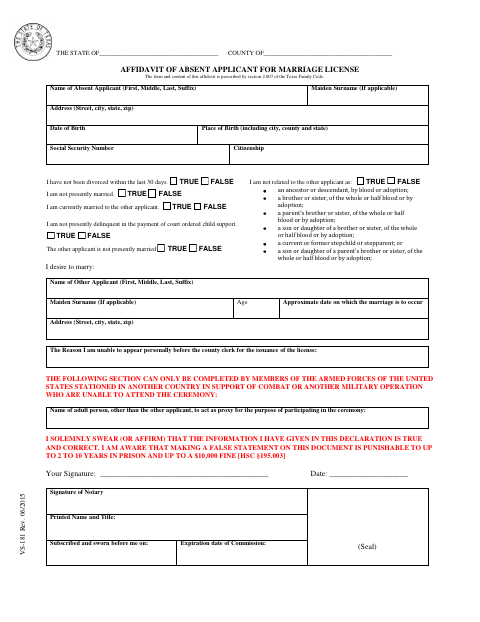 Affidavit of Absent Applicant for a Marriage License, Frio County form, first page