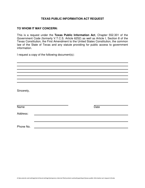 First page of the Texas Public Information Act Request