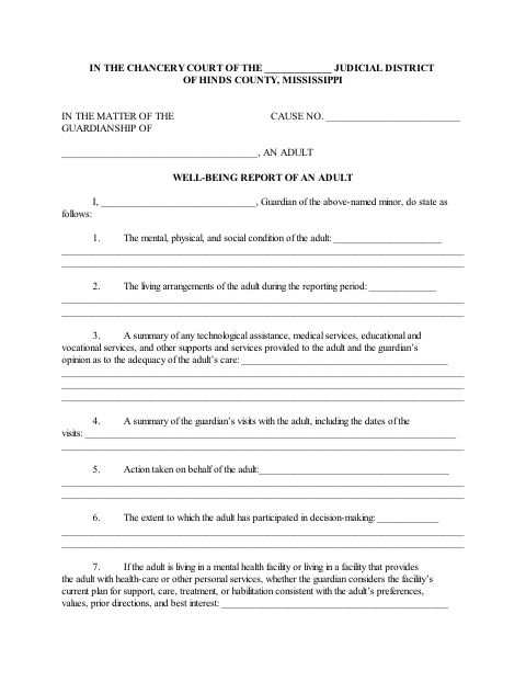 Well-Being Report of an Adult, Hinds County form, first page