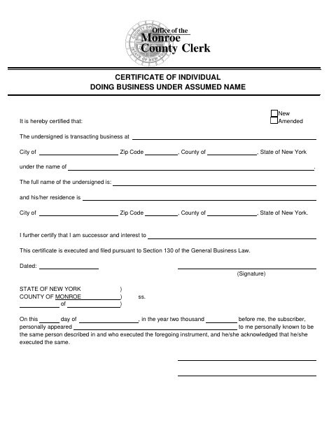 Certificate of Individual Doing Business Under Assumed Name, Monroe County form, first page