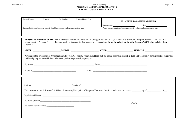 Aircraft Affidavit Requesting Exemption of Property Tax, Niobrara County form, first page