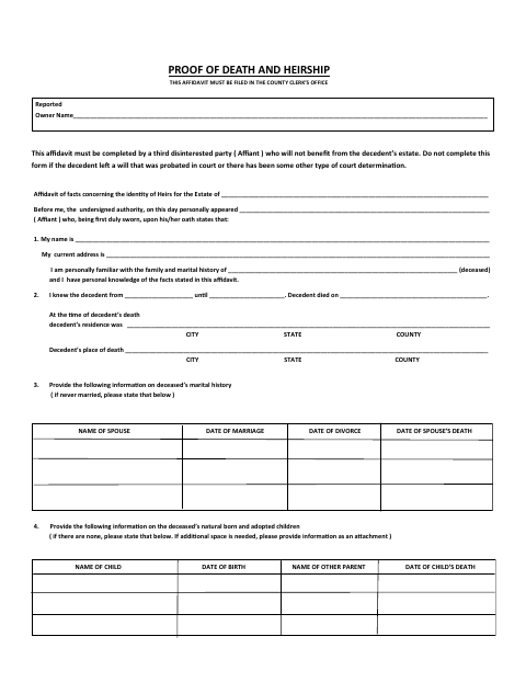 Proof of Death and Heirship, Cleveland County form, first page