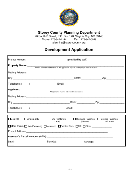 Development Application, Storey County form, first page
