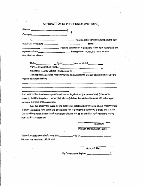 Affidavit of Repossession, Washakie County form, first page