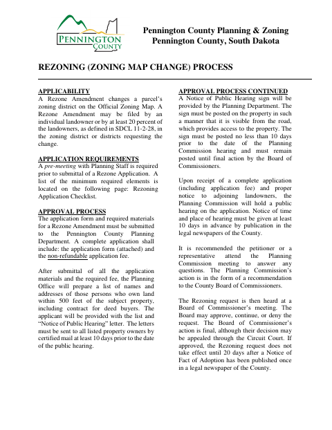 Rezoning Application, Pennington County form, first page