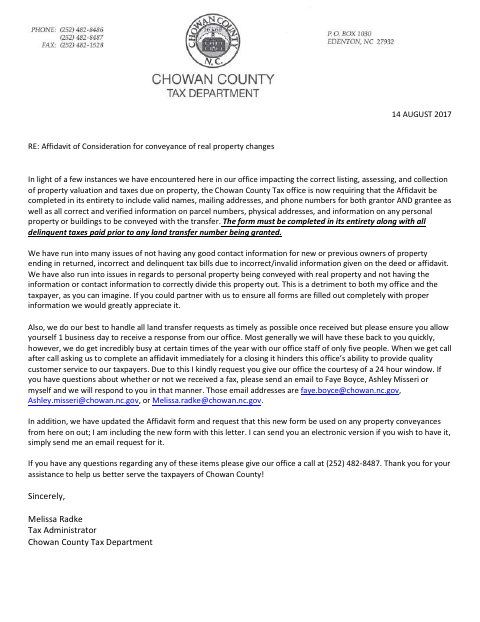 Affidavit of Consideration, Chowan County form, first page