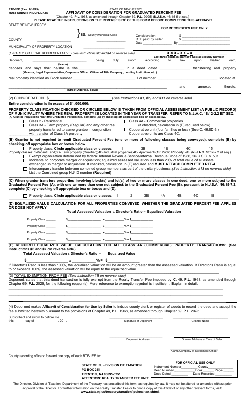Affidavit Of Consideration For Graduated Percent Fee, Hunterdon County form, first page