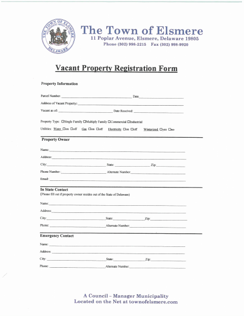 First page of the Vacant Property Registration Form