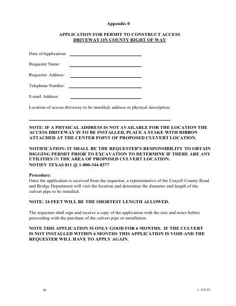 Application for Access Driveway Permit, Coryell County form, first page