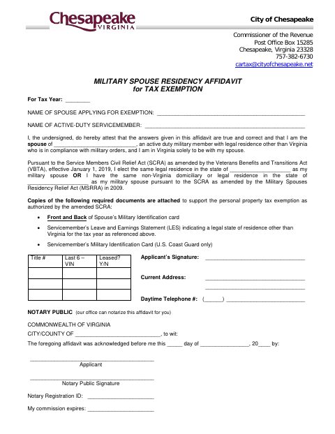 Military Spouse Residency Affidavit for Tax Exemption, City of Chesapeake form, first page