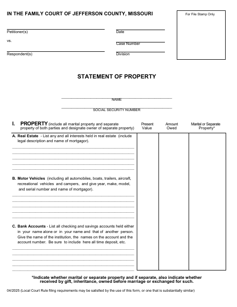 Statement of Property, Jefferson County form, first page