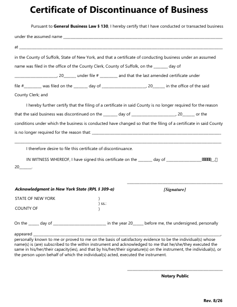 Certificate Of Discontinuance Of Business, Suffolk County form, first page