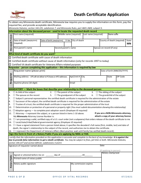 Death Certificate Application, Redwood County form, first page