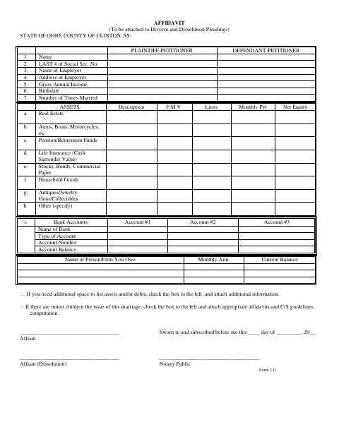 Affidavit of Property, Clinton County form, first page