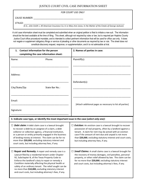 Civil Case Information Sheet, Hopkins County form, first page