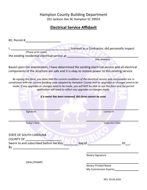 Electrical Service Affidavit, Hampton County form, first page