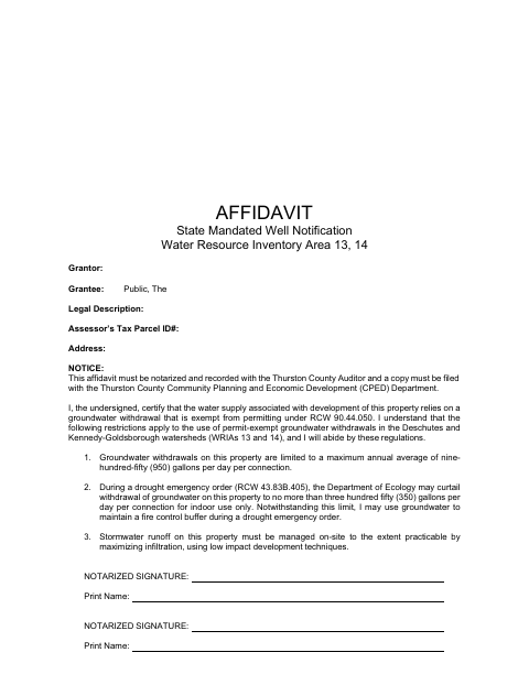 Affidavit of State-Mandated Well Notification, WRIAs 13 and 14, Thurston County form, first page