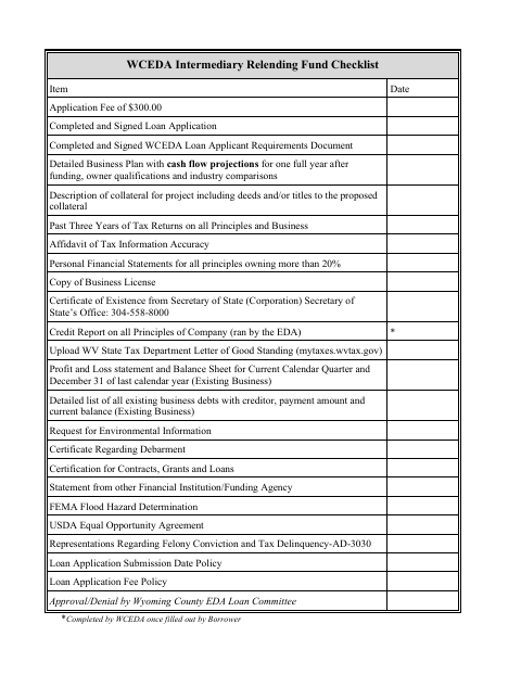 WCEDA Intermediary Relending Fund Checklist, Wyoming County form, first page