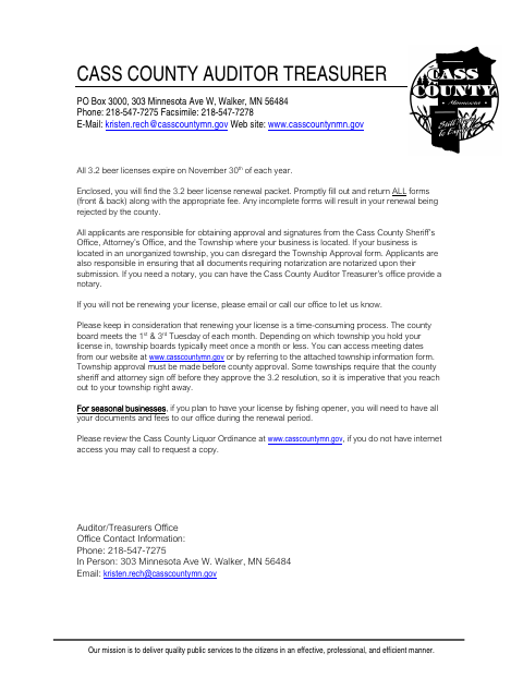3.2 Beer License Renewal Application, Cass County form, first page