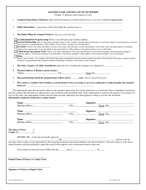 Assumed Name Certificate of Ownership, Coleman County form, first page
