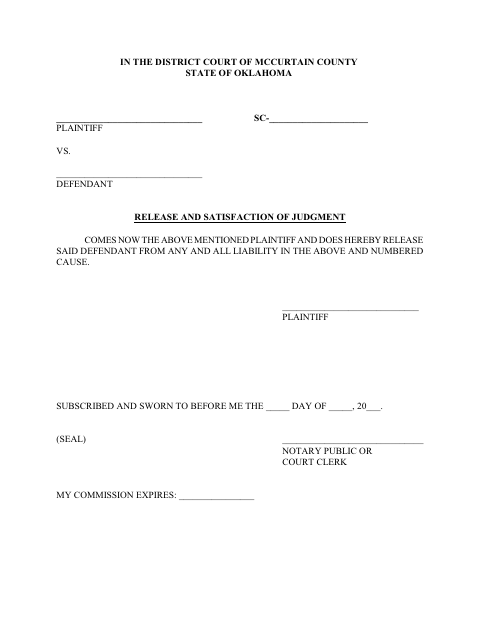 Release and Satisfaction of Judgment, McCurtain County form, first page