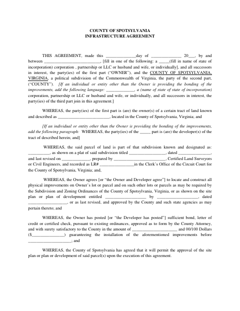 Infrastructure Agreement, Spotsylvania County form, first page