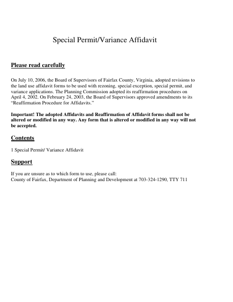 Special Permit and Variance Affidavit, Fairfax County form, first page