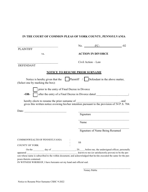 Notice to Resume Prior Surname, York County form, first page