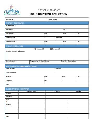 First page of the City of Clermont Building Permit Application
