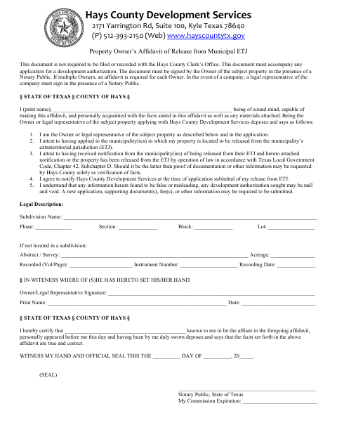 Property Owner’s Affidavit of Release from Municipal ETJ, Hays County form, first page